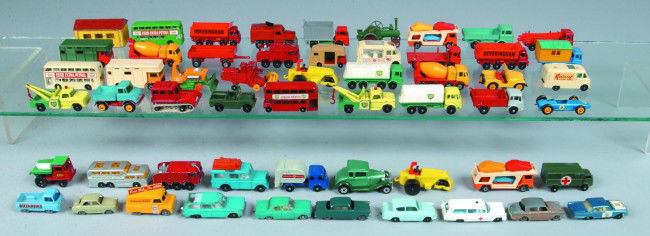 Lot of 54 Various Period Matchbox Vehicles by Lesn: Lot of 54 Various Period Matchbox Vehicles by Lesney (no matching boxes) , 17 various empty boxes and seven various promotional pamphlets from the 1960's and 1970's.