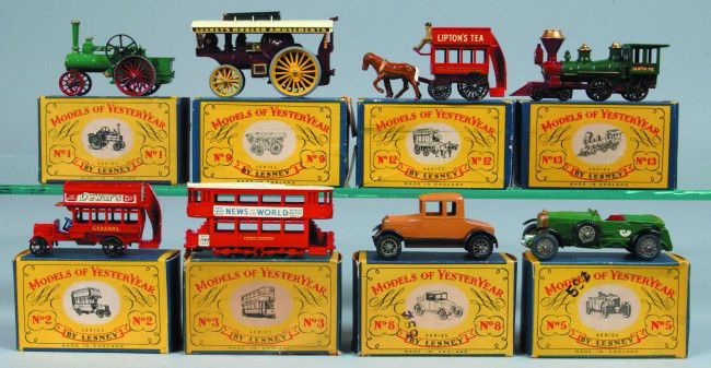 Eight Lesney Matchbox Models of Yesteryear Vehicle: Eight Lesney Matchbox Models of Yesteryear Vehicles, all with original boxes; 1 Alchin Traction Engine, 2 1911 "B" type London Bus, 3 "E" Class Tramcar, 5 1929 Le Mans Bentley, 8 1926 Bullnose Morris