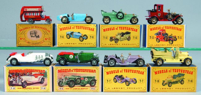 Eight Lesney Matchbox Models of Yesteryear Vehicle: Eight Lesney Matchbox Models of Yesteryear Vehicles, all with original boxes; 2 1911 "B" type London Bus, Y5 1929 4 1/2 Litre "Blower" Bentley, Y6 Supercharged Bugatti Type 35, Y7 Mercer 1913 Raceabou