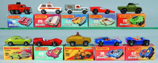 Ten Lesney Matchbox Rolamatics Vehicles, all with: Ten Lesney Matchbox Rolamatics Vehicles, all with original boxes; 10 Piston Popper, 16 Badger, 20 Police Patrol, 28 Stoat, 35 Fandango, 47 Beach Hopper, 57 Wild Life Truck, 67 Hot Rocker, 69 Turbo Fur