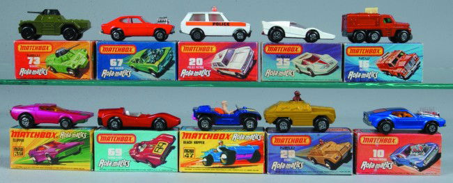 Ten Lesney Matchbox Rolamatics Vehicles, all with: Ten Lesney Matchbox Rolamatics Vehicles, all with original boxes; 10 Piston Popper, 16 Badger, 20 Police Patrol, 28 Stoat, 35 Fandango, 39 Clipper, 47 Beach Hopper, 67 Hot Rocker, 69 Turbo Fury and 73