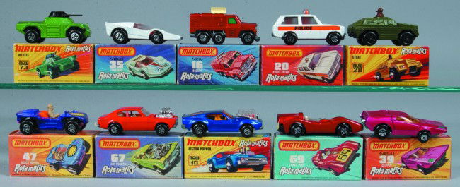 Ten Lesney Matchbox Rolamatics Vehicles, all with: Ten Lesney Matchbox Rolamatics Vehicles, all with original boxes; 10 Piston Popper, 16 Badger, 20 Police Patrol, 28 Stoat, 35 Fandango, 39 Clipper, 47 Beach Hopper, 67 Hot Rocker, 69 Turbo Fury and 73