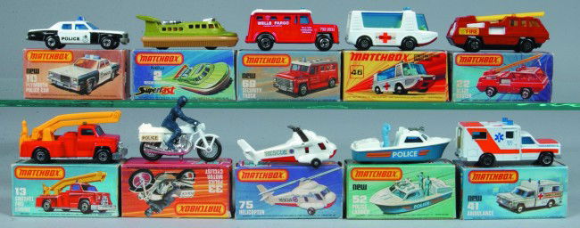 Ten Lesney Matchbox Superfast Vehicles, all with o: Ten Lesney Matchbox Superfast Vehicles, all with original boxes; 2 Rescue Hovercraft, 10 Plymouth Police Car, 13 Snorkel Fire Engine, 22 Blaze Buster, 33 Police Motor Cyclist, 41 Ambulance, 46 Stretch