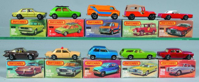 Ten Lesney Matchbox Superfast Vehicles, all with o: Ten Lesney Matchbox Superfast Vehicles, all with original boxes; 3 Porsche Turbo, 7 VW Golf, 21 Renault 5TL, 28 Lincoln Continental, 39 Rolls Royce, 53 CJ6 Jeep, 55 Ford Cortina, 56 Mercedes 450 SEL,