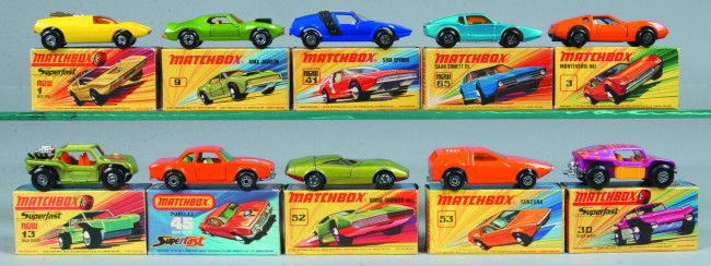 Ten Lesney Matchbox Superfast Vehicles, all with o: Ten Lesney Matchbox Superfast Vehicles, all with original boxes; 1 Mod Rod, 3 Monteverdi Hai, 9 AMX Javelin, 13 Baja Buggy, 30 Beach Buggy, 41 Siva Spyder, 45 BMW 30 CSL, 52 Dodge Charger MK3, 53 Tanz