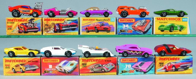 Ten Lesney Matchbox Superfast Vehicles, all with o: Ten Lesney Matchbox Superfast Vehicles, all with original boxes; 8 De Tomaso Pantera, 19 Road Dragster, 26 Big Banger, 34 Vantastic, 36 Draguar, 44 Boss Mustang, 45 Ford Group 6, 56 Hi Tailer, 41 Siva
