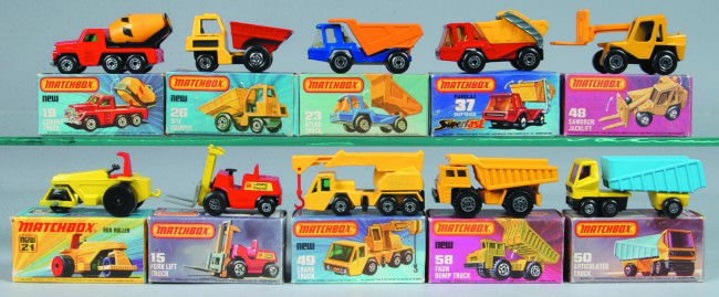 Ten Lesney Matchbox Superfast Vehicles, all with o: Ten Lesney Matchbox Superfast Vehicles, all with original boxes; 15 Fork Lift Truck, 19 Cement Truck, 21 Rod Roller, 23 Atlas Truck, 26 Site Dumper, 37 Skip Truck, 48 Sambron Jacklift, 49 Crane Truck,
