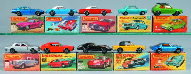 Ten Lesney Matchbox Superfast Vehicles, all with o: Ten Lesney Matchbox Superfast Vehicles, all with original boxes; 1 Dodge Challenger, 4 Pontiac Firebird, 6 Mercedes 350SL, 7 VW Golf, 25 Ford Cortina G.T., 28 Lincoln Continental, 39 Rolls Royce, 62 C