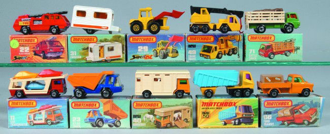 Ten Lesney Matchbox Superfast Vehicles, all with o: Ten Lesney Matchbox Superfast Vehicles, all with original boxes; 11 Car Transporter, 22 Blaze Buster, 23 Atlas Truck, 29 Tractor Shovel, 31 Caravan, 40 Horsebox, 49 Cane Truck, 50 Articulated Truck, 6