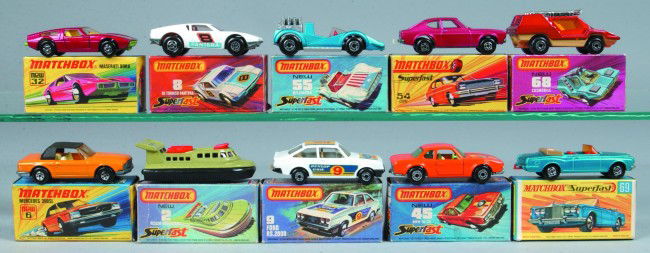 Ten Lesney Matchbox Superfast Vehicles, all with o: Ten Lesney Matchbox Superfast Vehicles, all with original boxes; 2 Rescue Hovercraft, 6 Mercedes 350SL, 8 De Tomaso Pantera, 9 Ford RS.2000, 32 Maserati Bora, 45 BMW 30 CSL, 54 Capri, 55Hellraiser, 68