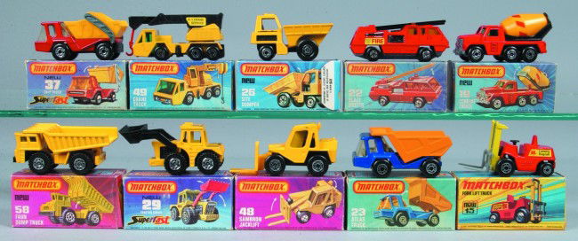 Ten Lesney Matchbox Superfast Vehicles, all with o: Ten Lesney Matchbox Superfast Vehicles, all with original boxes; 15 Fork Lift Truck, 19 Cement Truck, 22 Blaze Buster, 23 Atlas Truck, 26 Site Dumper, 29 Tractor Shovel, 37 Skip Truck, 48 Sambron Jack