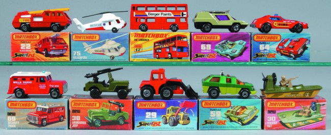 Ten Lesney Matchbox Superfast Vehicles, all with o: Ten Lesney Matchbox Superfast Vehicles, all with original boxes; 17 The Londoner, 22 Blaze Buster, 29 Tractor Shovel, 30 Swamp Rat, 38 Armoured Jeep, 59 Planet Scout, 64 Fire Chief, 68 Cosmobile, 69 S