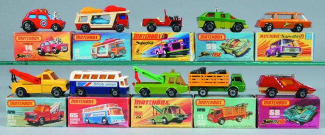 Ten Lesney Matchbox Superfast Vehicles, all with o: Ten Lesney Matchbox Superfast Vehicles, all with original boxes; 2 Jeep Hot Rod, 11 Car Transporter, 14 Mini Ha Ha, 22 Freeman Inter City Commuter, 59 Planet Scout, 61 Wreck Truck, 65 Airport Coach, 6