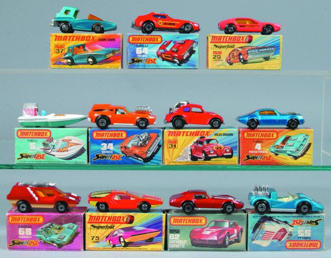 11 Lesney Matchbox Superfast Vehicles, all with or: 11 Lesney Matchbox Superfast Vehicles, all with original boxes; 4 Pontiac Firebird, 5 Seafire, 20 Lamborghini, 31 Volks Dragon, 34 Vantastic, 37 Soopa Coopa, 55 Hellraiser, 64 Fire Chief, 68 Cosmobile