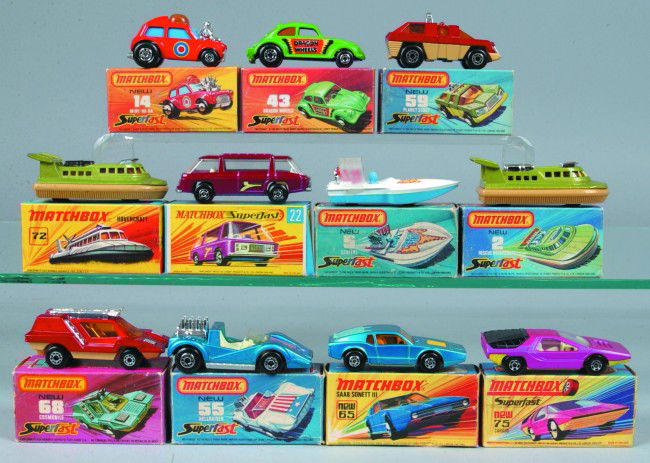 11 Lesney Matchbox Superfast Vehicles, all with or: 11 Lesney Matchbox Superfast Vehicles, all with original boxes; 2 Rescue Hovercraft, 5 Seafire, 14 Mini Ha Ha, 22 Freeman Inter City Commuter, 43 Dragon Wheels, 55 Hellraiser, 59 Planet Scout, 65 Saab