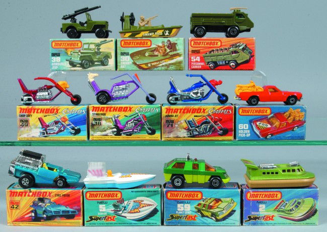 11 Lesney Matchbox Superfast Vehicles, all with or: 11 Lesney Matchbox Superfast Vehicles, all with original boxes; 2 Rescue Hovercraft, 5 Seafire, 30 Swamp Rat, 38 Armoured Jeep, 38 Stingrod, 42 Tyre Fryer, 49 Chop Suey, 54 Personnel Carrier, 59 Plane
