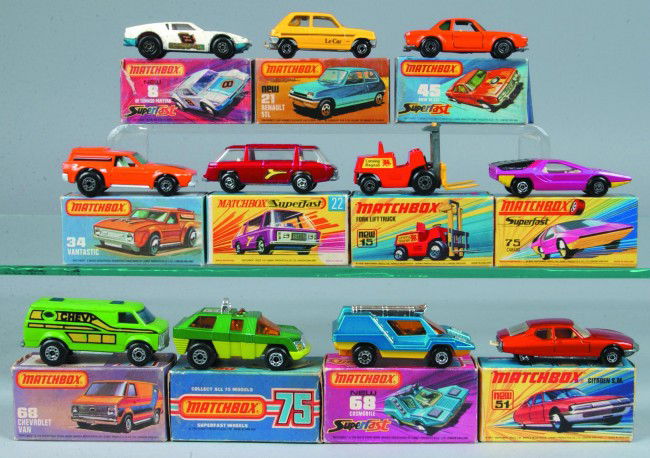11 Lesney Matchbox Superfast Vehicles, all with or: 11 Lesney Matchbox Superfast Vehicles, all with original boxes; 8 De Tomaso Pantera, 15 Fork Lift Truck, 21 Renault 5TL, 22 Freeman Inter City Commuter, 34 Vantastic, 45 BMW 30 CSL, 51 Citroen S.M., 5