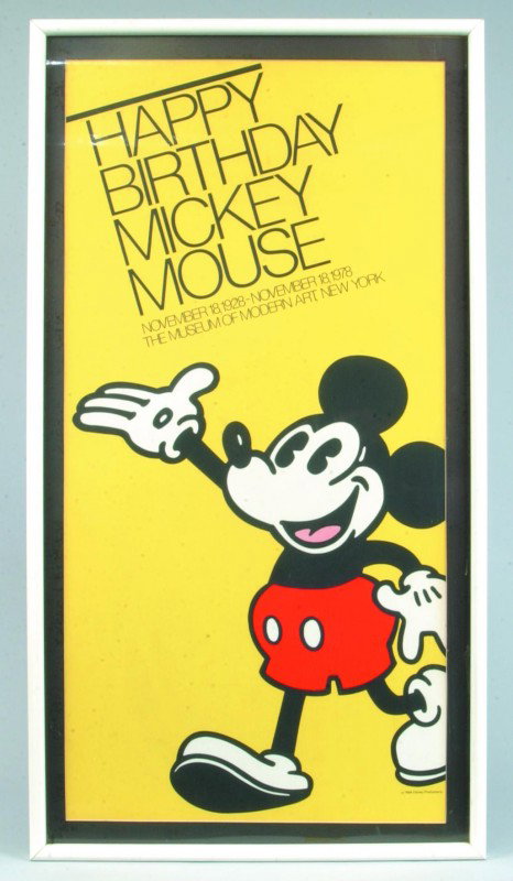 Framed Commemorative Poster of Mickey Mouse, marke: Framed Commemorative Poster of Mickey Mouse, marked "Happy Birthday Mickey Mouse, November 18, 1928 - November 18, 1978, the Museum of Modern Art New York," celebrating the first 50 years of Mickey Mo