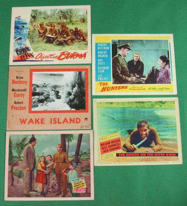 Five War Related Lobby Cards, 11" x 14": Objective: Five War Related Lobby Cards, 11" x 14": Objective Burma, (Warner Bros., ) starring Errol Flynn, (very fine); Wake Island, (Paramount Pictures, 1958), starring Brian Donlevy, McDonald Carey and Robert