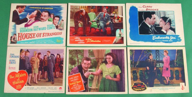 Six Various Lobby Cards, 11" x 14": House of Stran: Six Various Lobby Cards, 11" x 14": House of Strangers, (20th Century Fox, 1949) Title Lobby Card starring Edward G. Robinson and Susan Hayward and Richard Conte, (very good); The Affairs of Susan, (P