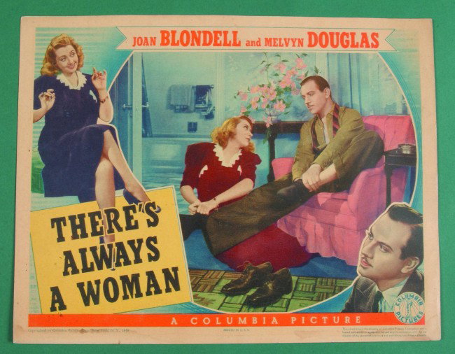 There's Always a Woman, (Columbia Pictures, 1938) : There's Always a Woman, (Columbia Pictures, 1938) Lobby Card 11" x 14" starring Joan Blondell and Melvyn Douglas, (very good to fine, minor staining on bottom border).