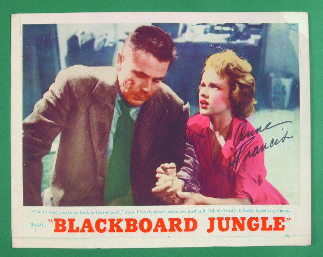 Black Board Jungle, (MGM, 1955) Autographed Lobby : Black Board Jungle, (MGM, 1955) Autographed Lobby Card 11" x 14" starring Glenn Ford and autographed by co-star Anne Francis, (very good to fine, autograph excellent condition).