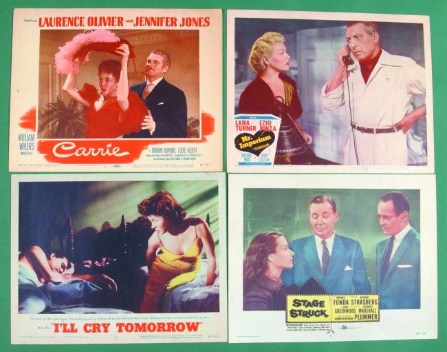 Four Various Lobby Cards, 11" x 14" Carrie, (Param: Four Various Lobby Cards, 11" x 14" Carrie, (Paramount Pictures, 1952) Title Lobby Card starring Laurence Olivier, Jennifer Jones, Miriam Hopkins and Eddie Albert, (very fine); I'll Cry Tomorrow, (MGM