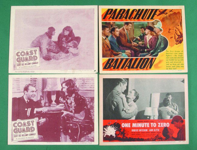 Seven Military Lobby Cards, 11" x 14": (2) Coast G: Seven Military Lobby Cards, 11" x 14": (2) Coast Guard, (Columbia Pictures, 1948) Lobby Cards, starring Randolph Scott and Frances Dee, (very good, show corner wear); Parachute Battalion, (1941), (ver