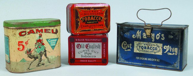 Four Various Lithograph Tobacco/Cigar Tins; Camel,: Four Various Lithograph Tobacco/Cigar Tins; Camel, 5 1/2"h, Mayo's Cut Plug, 5"h, Old English Pipe Tobacco, 2 1/2"h and Hickey & Nicholson, 2"h. Condition: Fair to good.