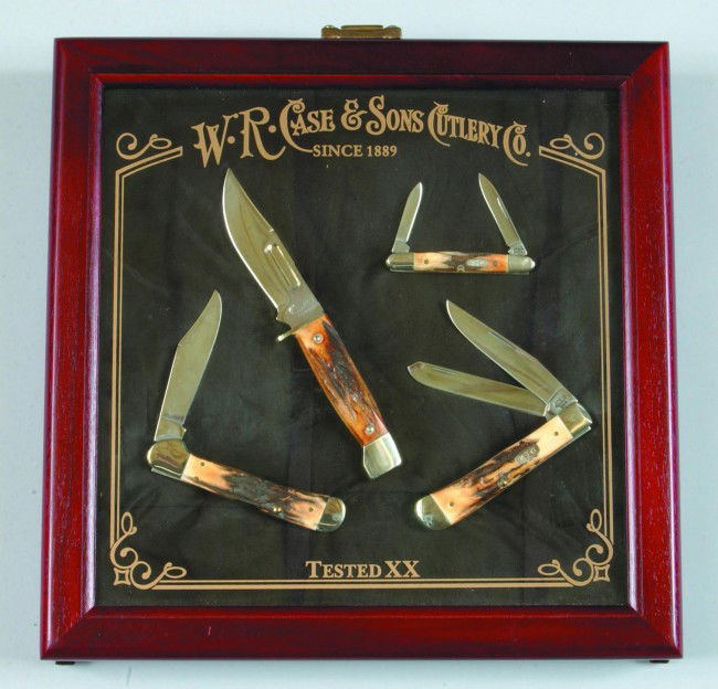 W.R. Case & Sons Cutlery Tested XX Presentation Kn: W.R. Case & Sons Cutlery Tested XX Presentation Knife Set. Consisting of three various stag handled folding blade knives and a fixed blade knife. Mahogany Case measures 13" square. Condition: Like new
