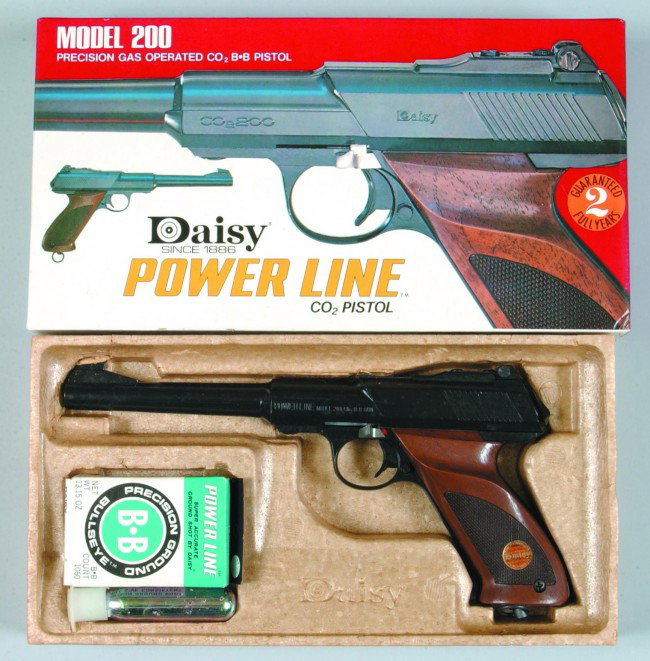 Daisy Model No. 200 Power Line Precision Gas Opera: Daisy Model No. 200 Power Line Precision Gas Operated CO-2 BB Pistol with original box and papers. Condition: Very good.