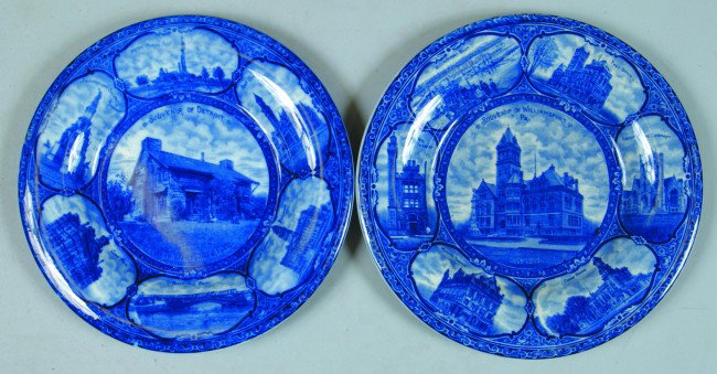 Two Blue Transfer Decorated Souvenir Ironstone 10": Two Blue Transfer Decorated Souvenir Ironstone 10"Plates, souvenir of Detroit and Williamsport, Pa.,marked Rowland & Marsellus Co. Staffordshire England, Condition: Very good.