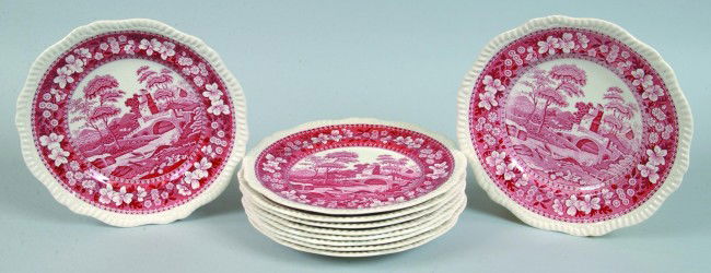 Set of Ten Red Transfer Decorated Spode's Tower Pa: Set of Ten Red Transfer Decorated Spode's Tower Pattern 10 1/2" China Plates, marked Copeland Spode, England, Condition: Good