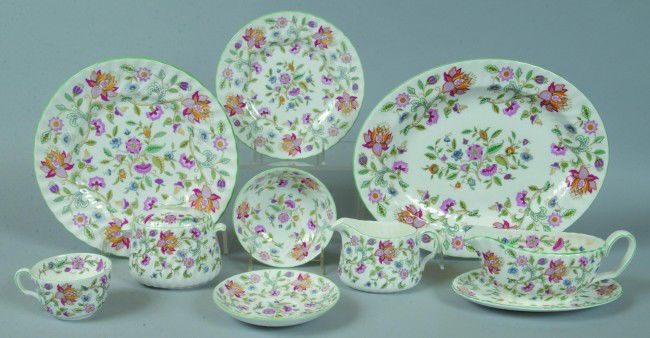 65 Piece Minton Bone China Dinnerware Set in Hadd: 65 Piece Minton Bone China Dinnerware Set in Haddon Hall pattern, 12 dinner plates 10 3/4"dia., 12 luncheon plates 8"dia., 12 dessert bowls,12 cups and 12 saucers, 13 3/4"platter, covered sugar bowl,