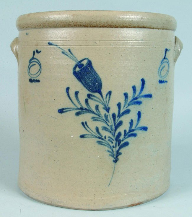 Bell Flower Decorated Salt Glazed Five Gallon St: Bell Flower Decorated Salt Glazed Five Gallon Stoneware Crock, appiled ear handles, having cobalt bell flower and foilate and flanked by number 5, 12 3/4"h. Condition: Good.