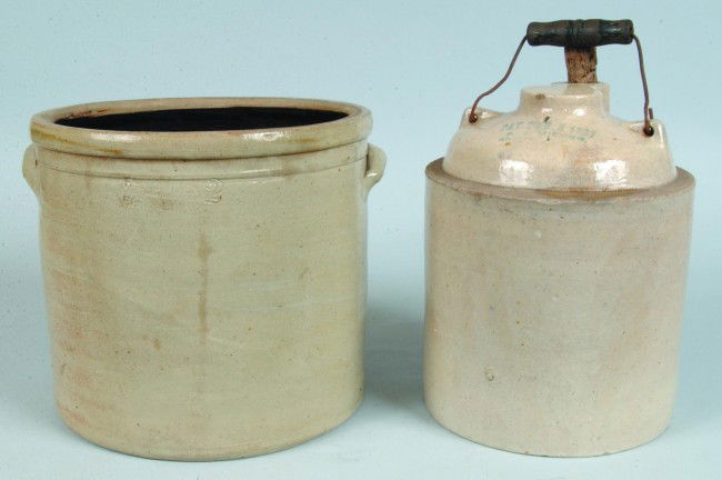 Salt Glazed Stoneware Crock and Jug, 1st is F.H. C: Salt Glazed Stoneware Crock and Jug, 1st is F.H. Cowden Harrisburg, PA. two gallon crock, 8 3/4"h., 2nd is molded jug with tooled shoulder and cobalt patented date of 1897, 10"h. Condition: Good