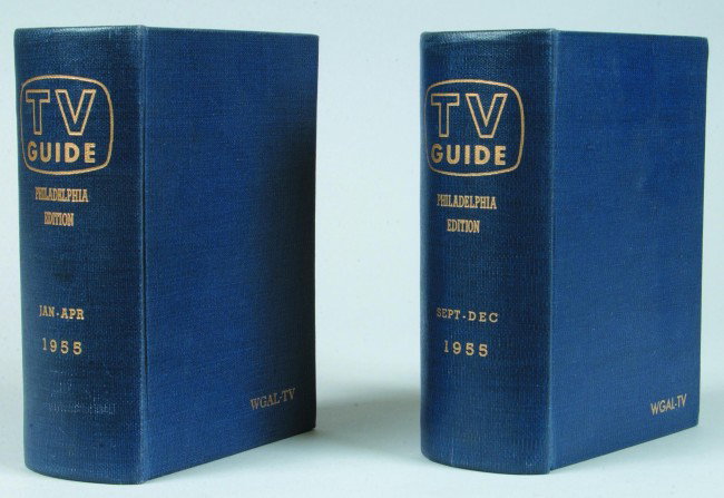 1955 TV Guides, two hardbound editions of first ye: 1955 TV Guides, two hardbound editions of first year magazines, January through April complete and September through December complete, marked on front cover "WGAL-TV", (mint condition).