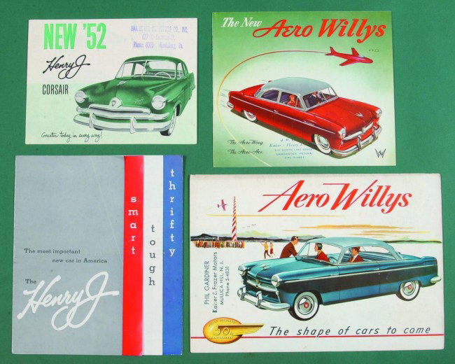 Aero Willys Automobile Brochures including 2 fold : Aero Willys Automobile Brochures including 2 fold out brochures of the Aero Willys from 1953 and (2) Henry J fold out brochures one dated 1952, (very good condition).