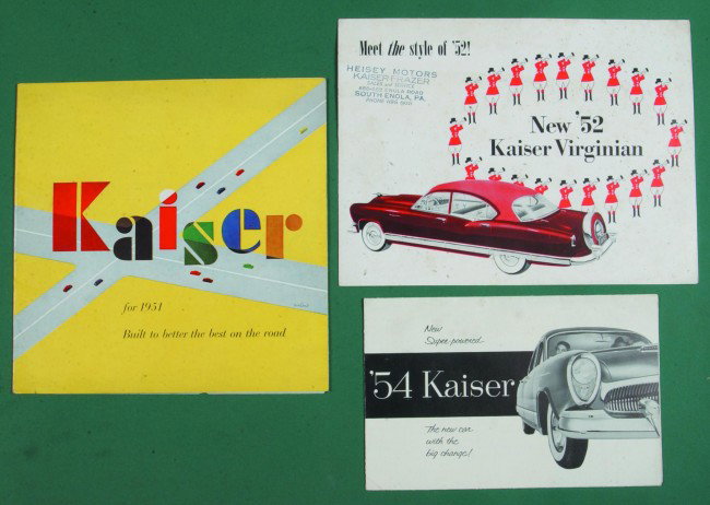 Three Kaiser Show Room Brochures: one fold out dat: Three Kaiser Show Room Brochures: one fold out dated 1951, one Kaiser Virginian 1952 booklet and one 1954 fold out brochure of the Super Powered Kaiser, (good/very good condition).