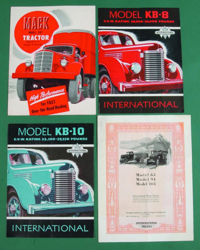 International Truck Lot: four different brochures : International Truck Lot: four different brochures to include models 63, 94 and 103 International Motor Trucks, Model KB-10, Model KB-8 and Mack Tractor Model EQT, (good condition).