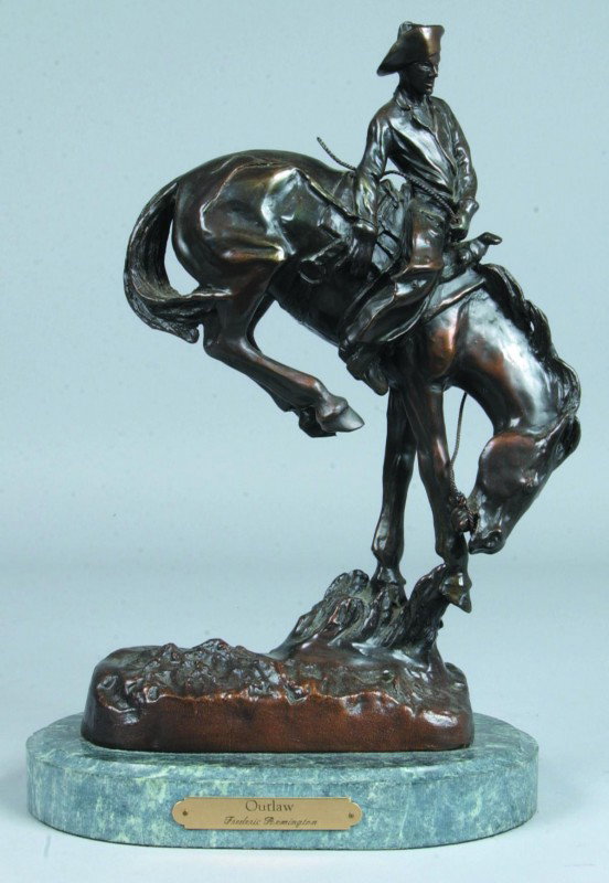 20th Century Frederic Remington Copy "Outlaw" Bron: 20th Century Frederic Remington Copy "Outlaw" Bronze Sculpture mounted on a marble base. 13 3/4" high. Condition: Good.