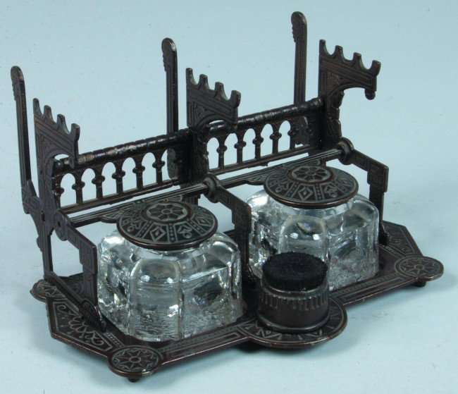 Victorian Cast Iron Double Inkwell Stand with Exce: Victorian Cast Iron Double Inkwell Stand with Excellent Original Finish. Original colorless glass inkwells with swivel covers, removable brush, with pen and paper holders. Cast in base "Patd. Nov. 25 