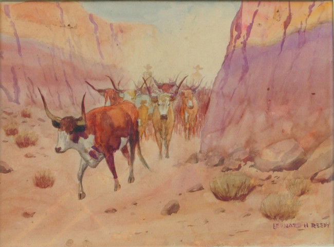 Leonard H. Reedy (1899-1956 Chicago, IL) Watercolo: Leonard H. Reedy (1899-1956 Chicago, IL) Watercolor Painting Depicting Canyon Cattle Drive, signed lower right. Image size 8 1/2" x 11 1/2", framed and matted, 17 1/4" x 21 1/4" overall. Condition: Go