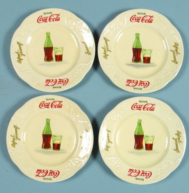 Four Coca-Cola Advertising China Plates by Edwin M: Four Coca-Cola Advertising China Plates by Edwin M. Knowles. 7 1/4" diam. Condition: (3) good (1) with small hairline.