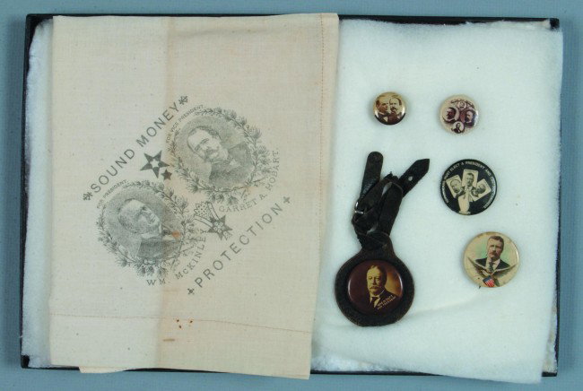 Lot of Six Political Items; Wm. McKinley/Garret A.: Lot of Six Political Items; Wm. McKinley/Garret A. Hobart Handkerchief, Wm. H. Taft for President watch fob, Wm. McKinley/Garret A. Hobart button, Roosevelt/Fairbanks button, Roosevelt button and Fair
