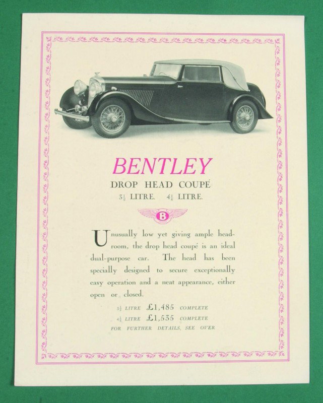 1-Sheet 1931 Bentley Show Room Piece of The Bentle: 1-Sheet 1931 Bentley Show Room Piece of The Bentley Drop Head Coupe, 3-1/2 Litre and 4-1/4 Litre, (excellent).
