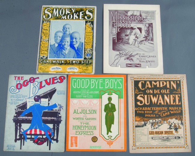 Black Sheet Music, five pieces: "My Mississippi Mi: Black Sheet Music, five pieces: "My Mississippi Missus Misses Me," "Smoky Mokes, Cakewalk Two Step," "The JoGo Blues," "Campin' on De Ole Suwanee," and "Good-bye Boys," (very good to excellent conditi