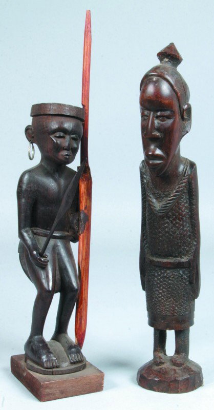 Two African Tribal Carvings; Zambia mal figure, 10: Two African Tribal Carvings; Zambia mal figure, 10 1/2" high, (good) and Mozambique statue of a male warrior with weapons. 21 " high (repaired hand).