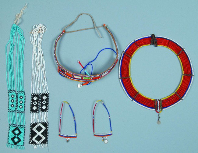 Lot of Maasai Beadwork Items; Headdress, Collar, t: Lot of Maasai Beadwork Items; Headdress, Collar, two various necklaces and a pair of earrings. Condition: Good.