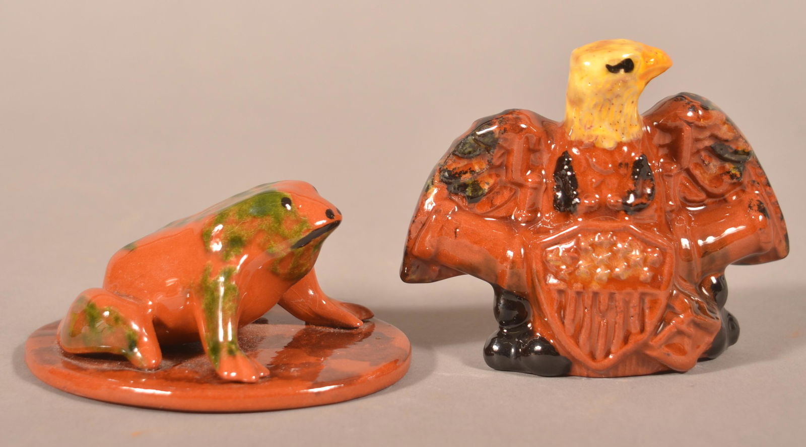 Breininger Pottery Glazed Figures of a Frog and Eagle.: Breininger Pottery Glazed Figures of a Frog and Eagle. Dated 1996 and 2003. Tallest 3-1/4"h. Condition: Very good.